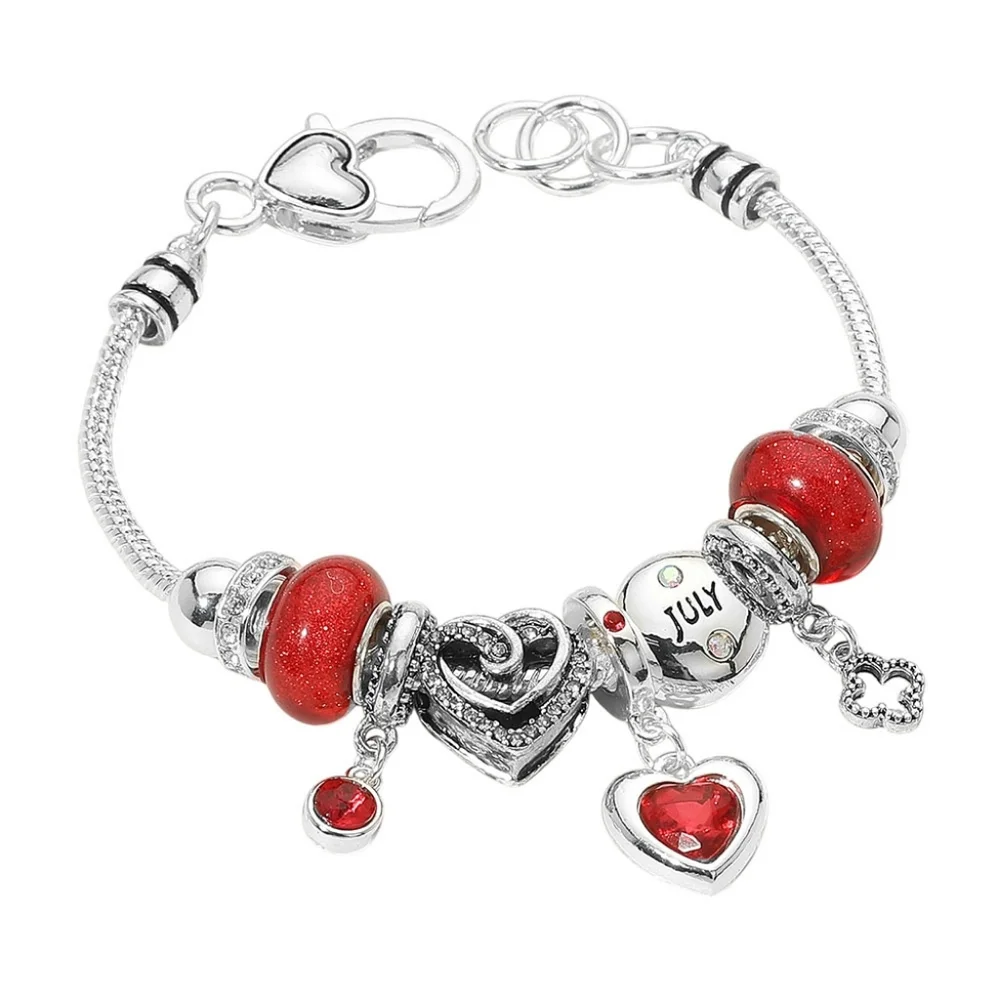 July - Birthstone Heart Charm Multi Beaded Bracelet